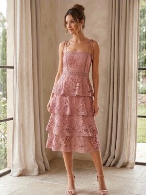 TRUE DECADENCE  Lace Tiered Maxi Dress with Tie Straps - Dusty Rose SIZE 16